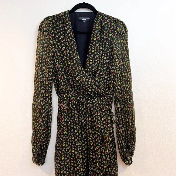 Caroline Constas 100% Silk Vivian Winter Floral V Neck Designer Maxi Dress XS - Picture 3 of 10